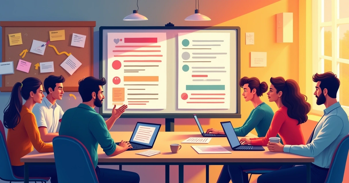 Equipe analisando feedback de clientes em sala moderna, exibindo depoimentos e críticas em telas.