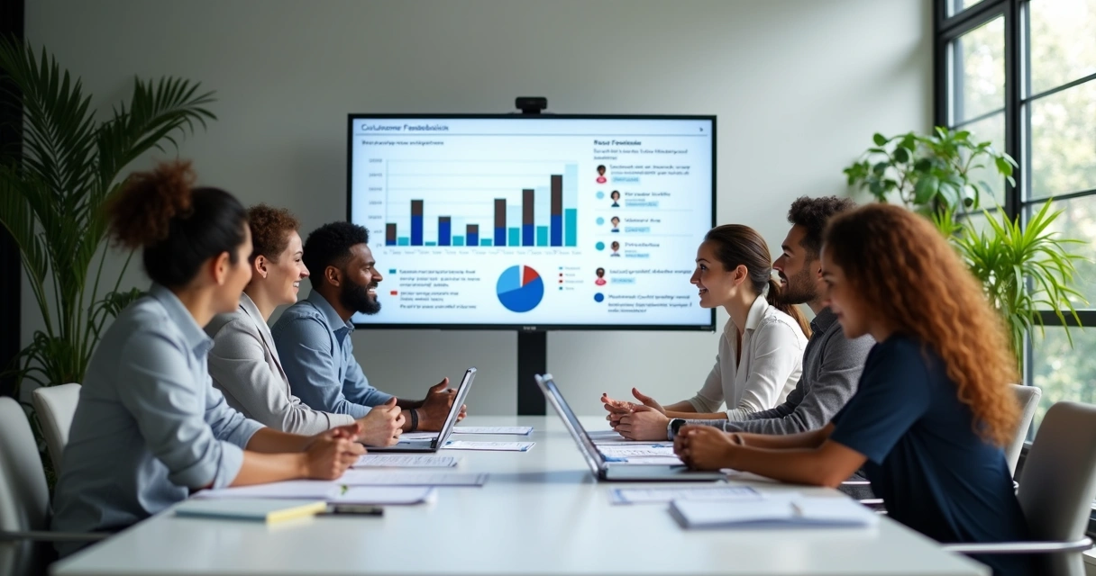 Equipe reunida em sala analisando feedbacks e dados em um monitor