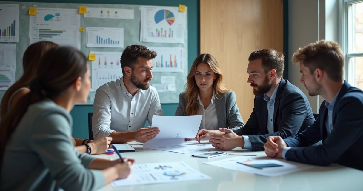 Equipe reunida analisando gráficos de feedbacks dos clientes