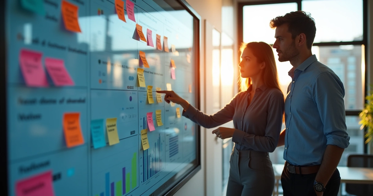 Equipe analisando feedbacks de clientes em painel digital 