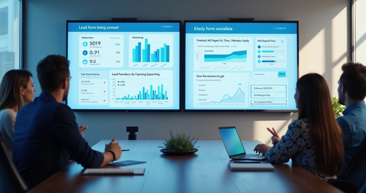 Equipe de marketing analisando métricas de formulário em telas 