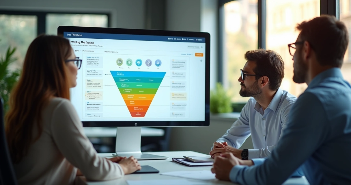 Sales team analyzing sales funnel on dashboard