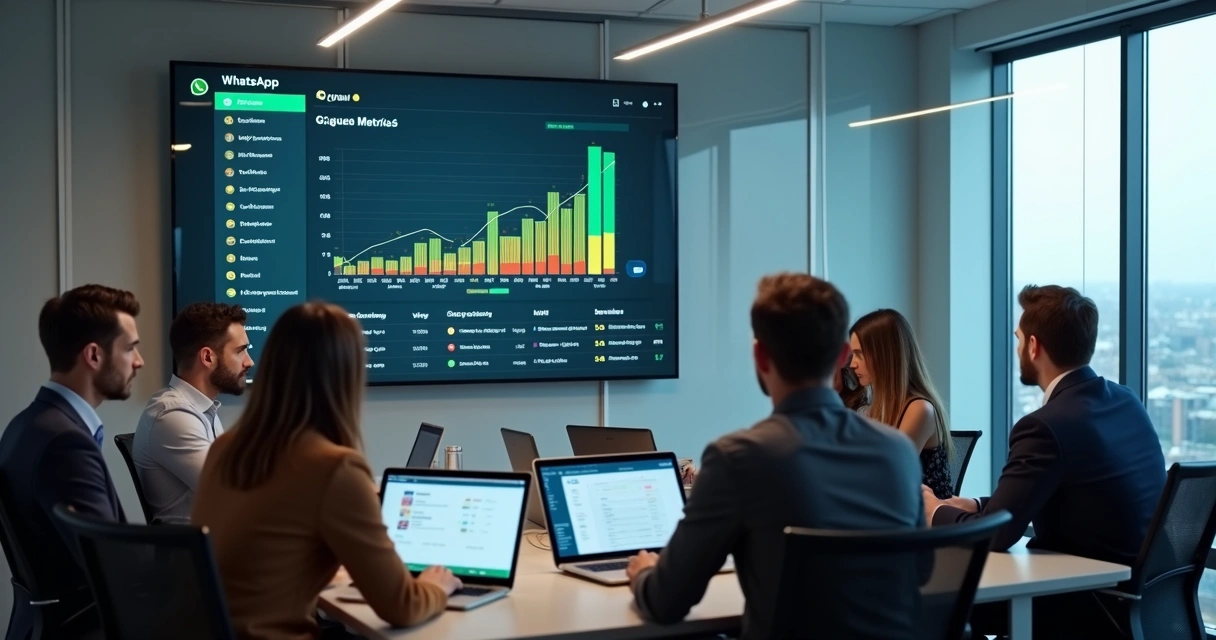 Time de gestão analisando gráficos de monitoramento de grupos WhatsApp em tela 