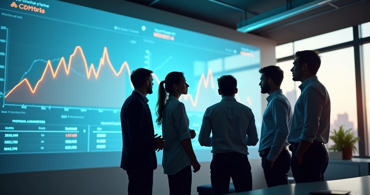 Equipe analisando dados históricos em gráficos 