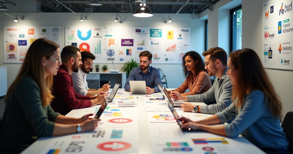 Equipe reunida analisando identidade visual em painéis, conceito de rebranding 