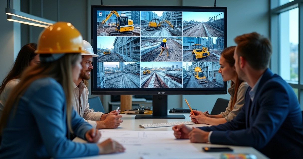 Equipe multidisciplinar analisando imagens de obra em monitor 