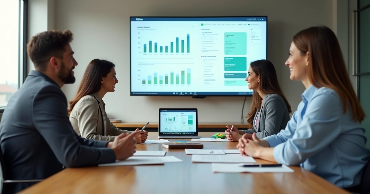 Equipe reunida avaliando indicadores em painel