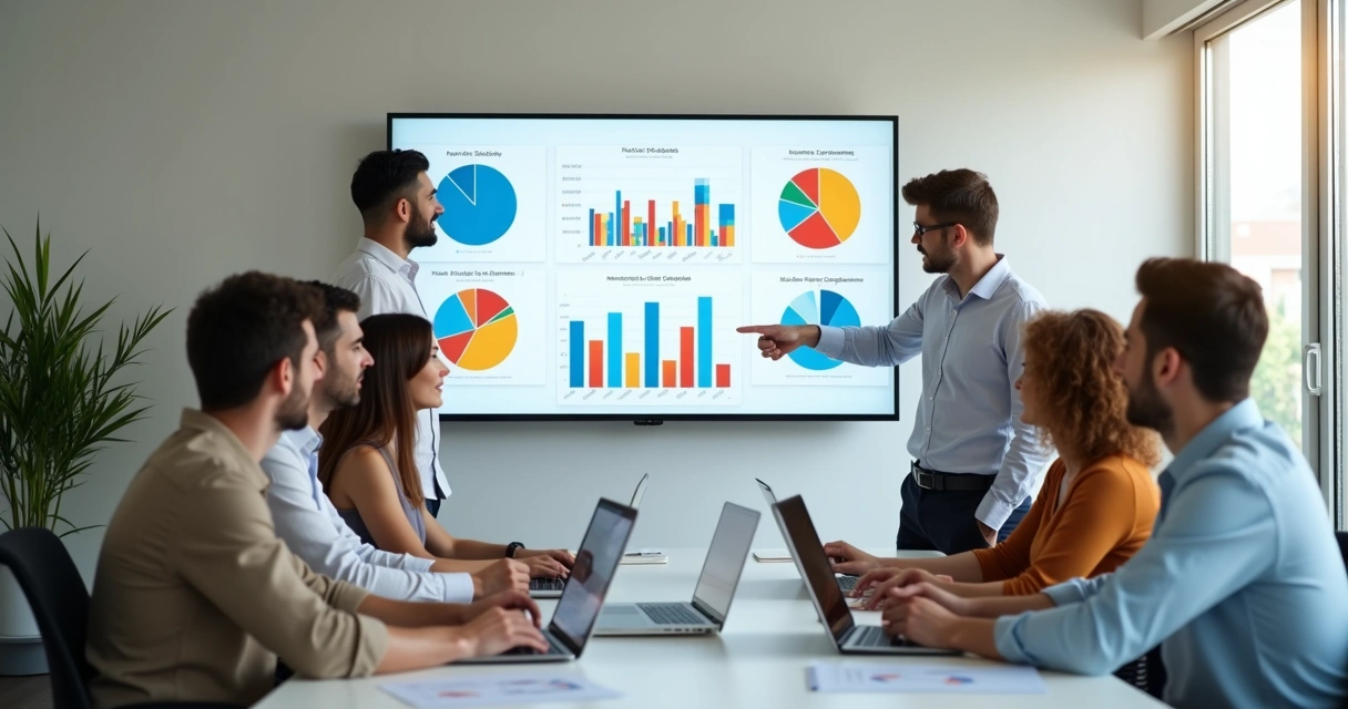 Equipe reunida analisando gráficos coloridos de vendas e desempenho de produtos em painel de loja