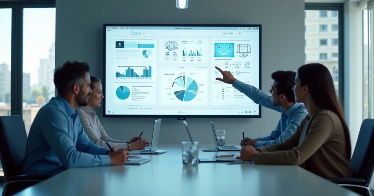 Grupo analisando notícias e dados em telas