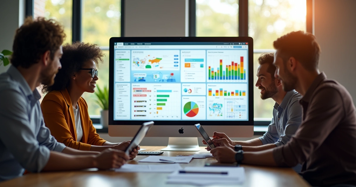 Equipe analisando leads em tela de computador em ambiente corporativo