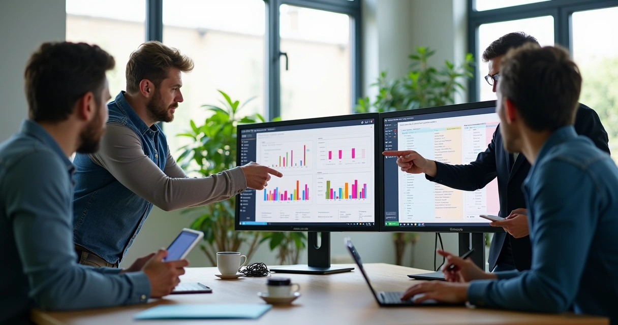 Equipe de vendas analisando lista de leads na tela do computador 