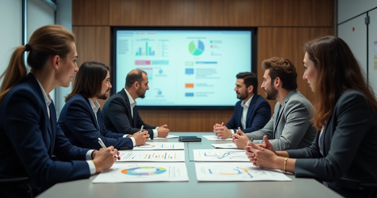 Equipe de negócios reunida ao redor de mesa analisando matriz SWOT desenhada em quadro branco 