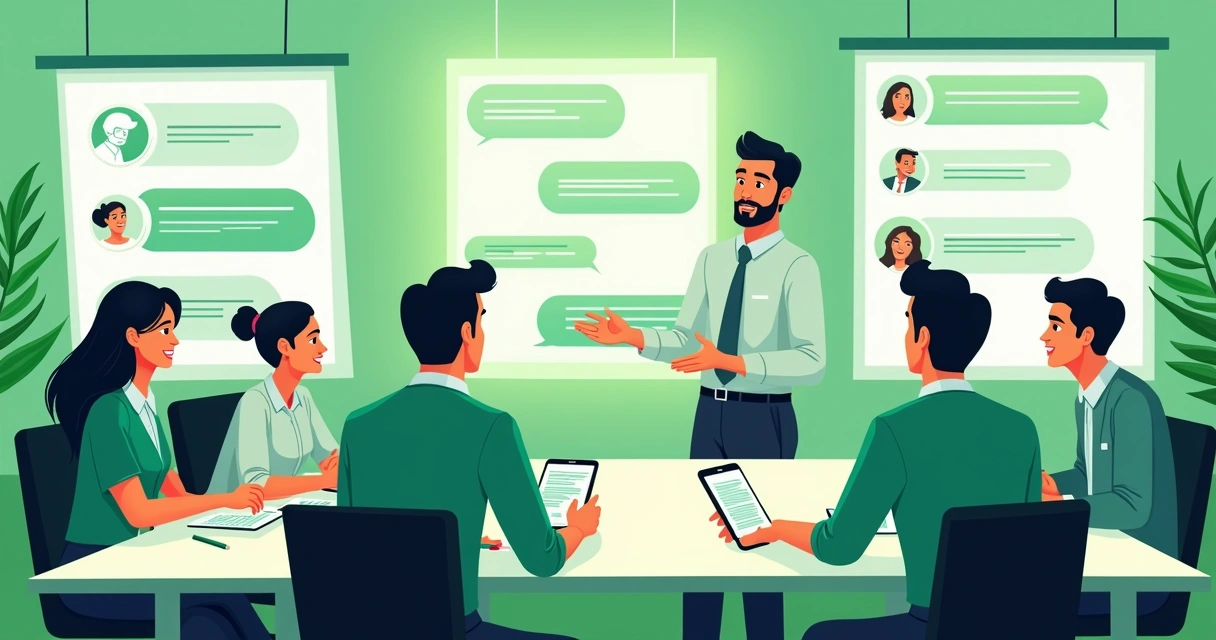 Equipe analisando mensagens de WhatsApp em várias telas 