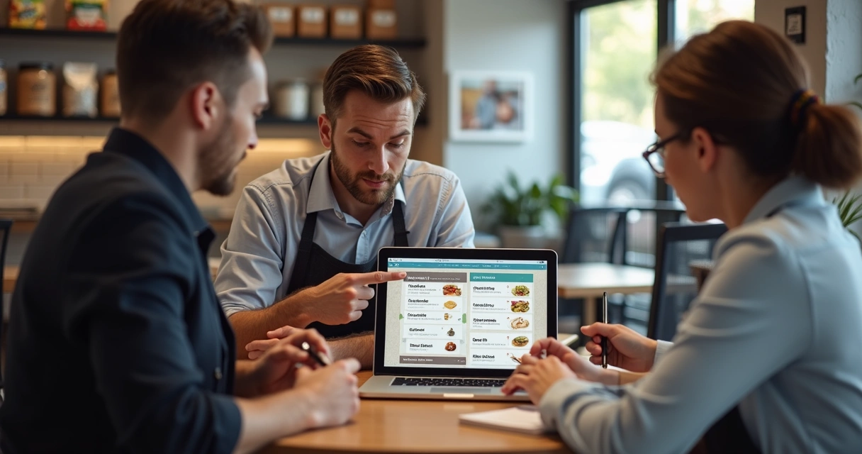 Equipe de restaurante analisando cardápio digital em tablet