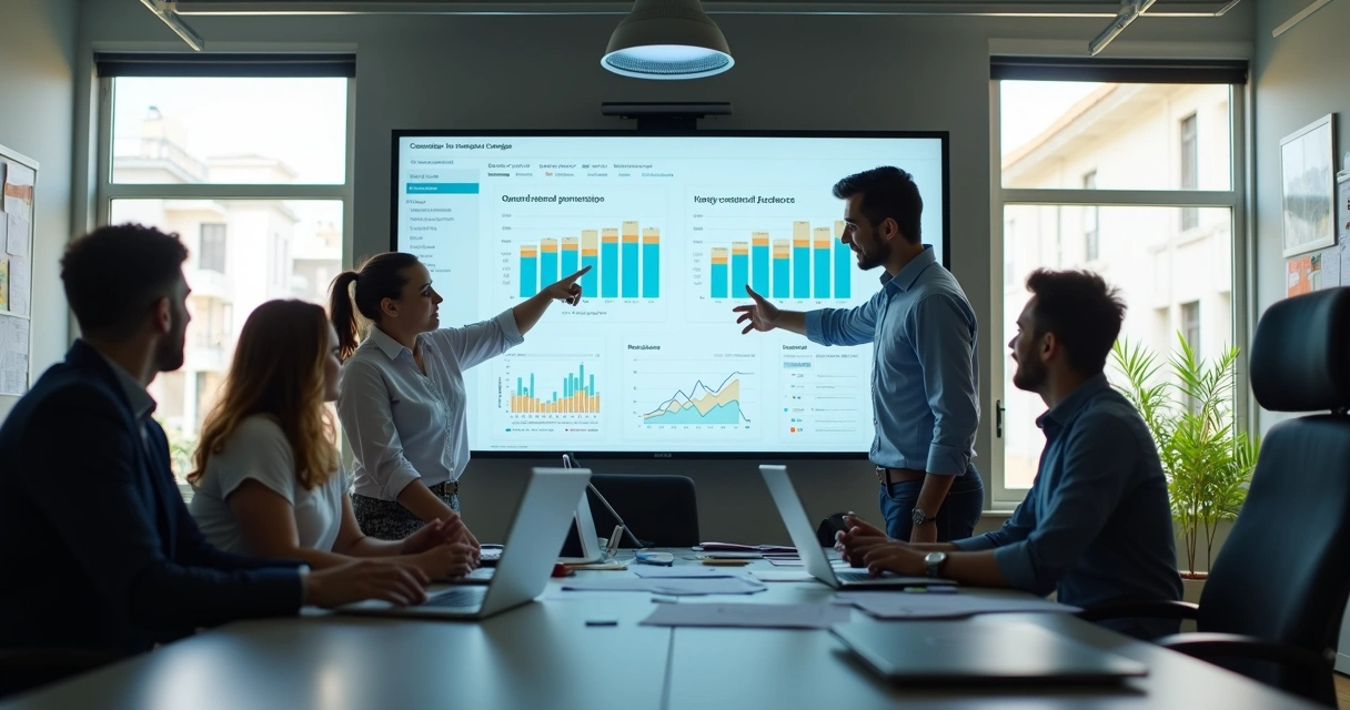 Equipe discutindo métricas de conversão na tela 