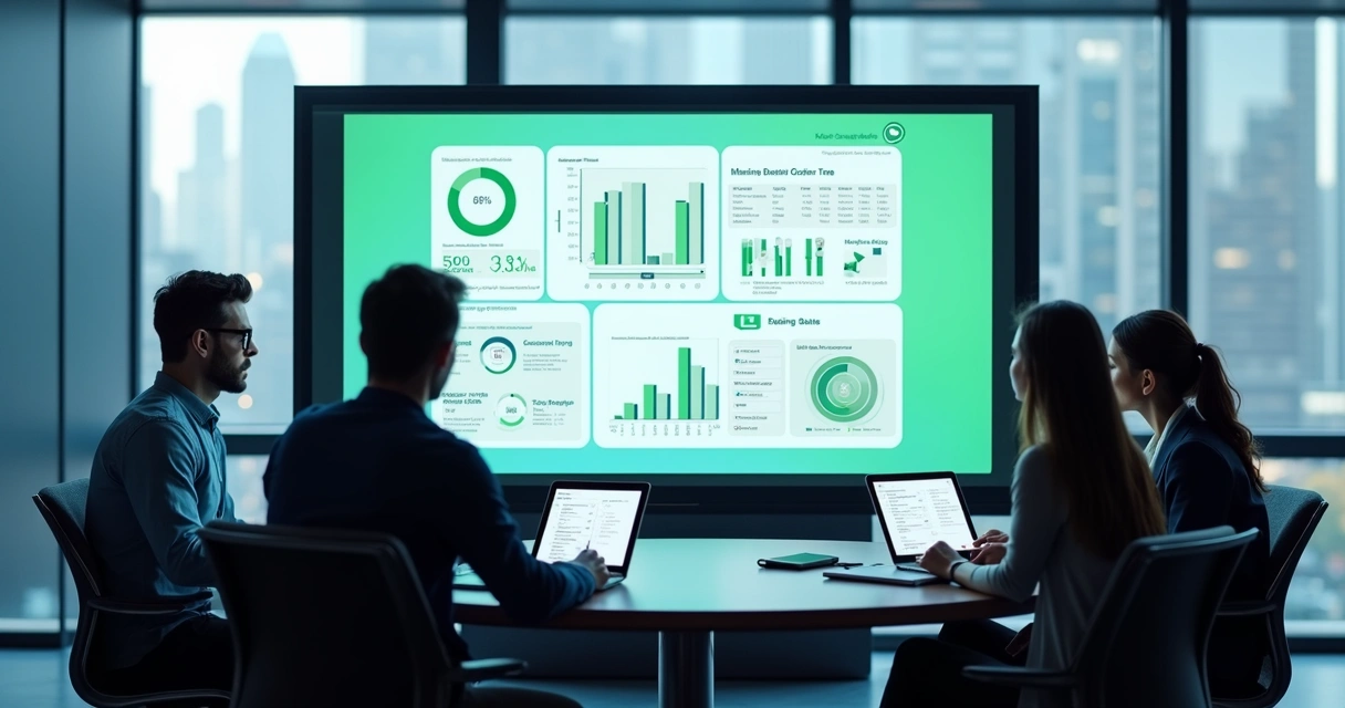 Equipe analisando métricas de atendimento digital em um escritório 