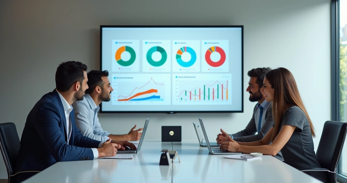 Três profissionais analisando métricas de propostas comerciais em dashboard 
