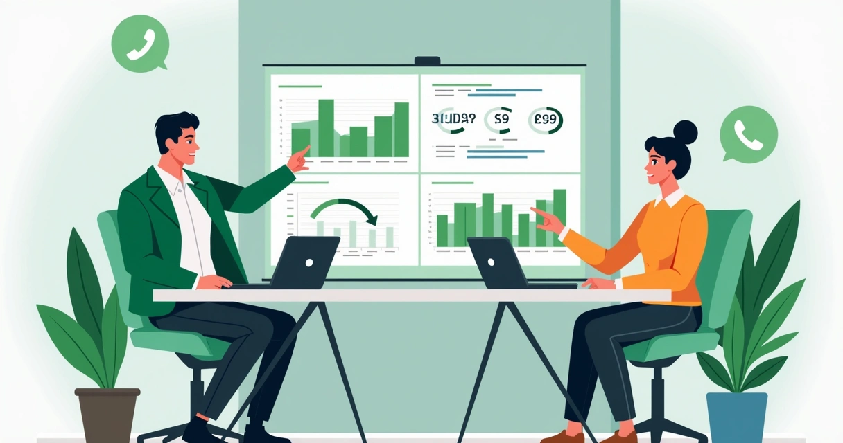 Equipe olhando gráficos de métricas do WhatsApp em telas 