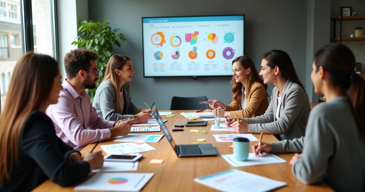 Equipe reunida em torno de uma mesa analisando gráficos e perfis de persona do e-commerce 