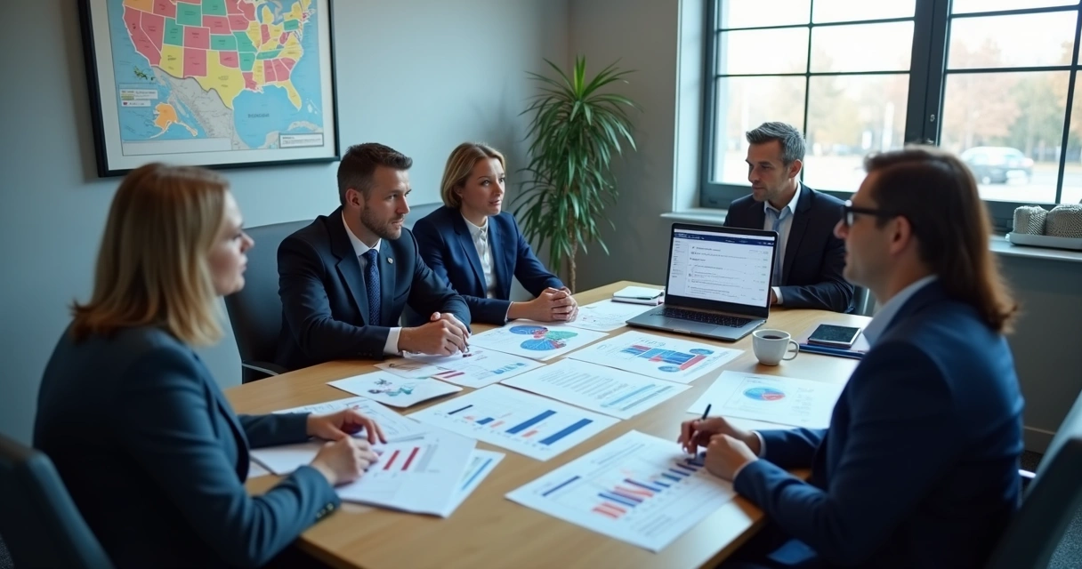 Equipe analisando gráficos de pesquisa em reunião política 