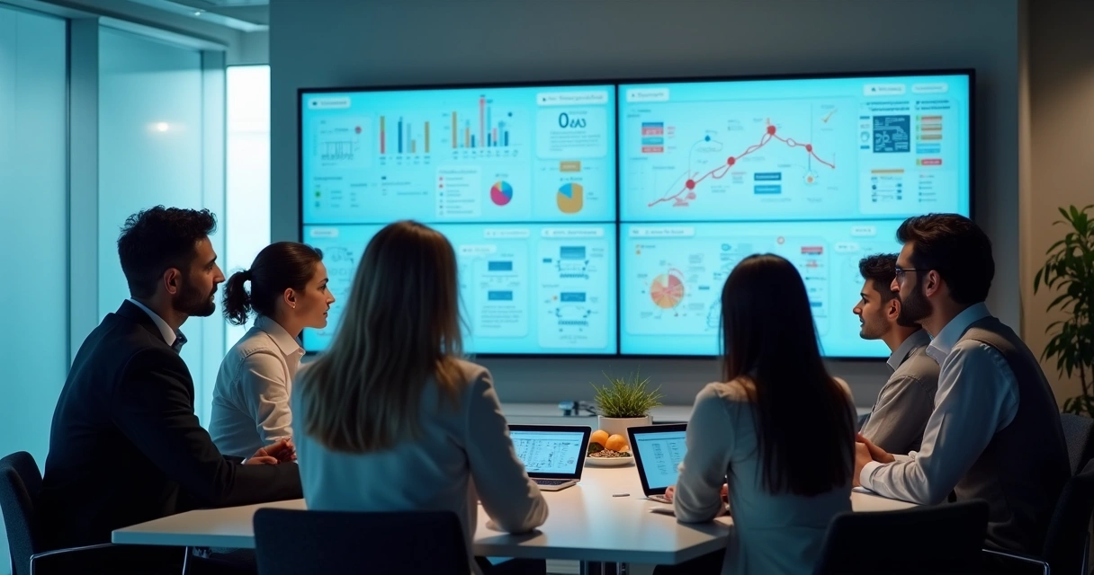 Equipe em sala de reuniões analisando gráficos de processos em telas digitais 