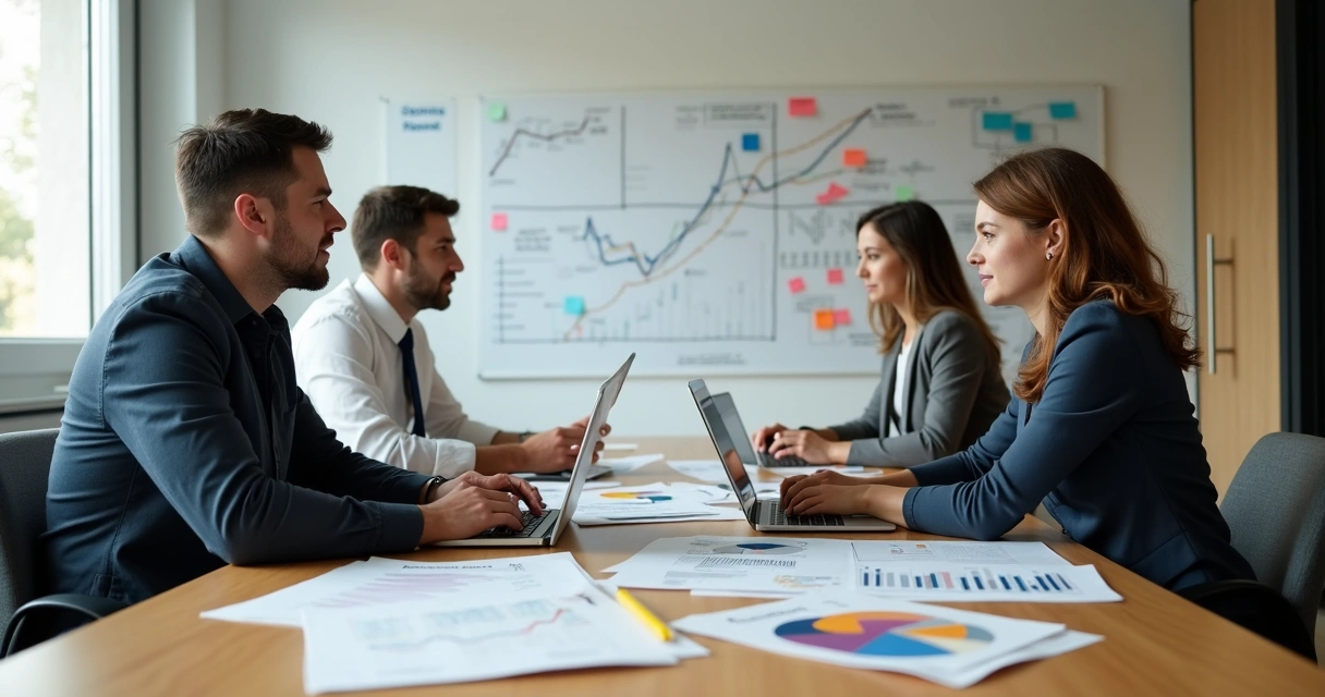 Equipe sentada à mesa analisando processos financeiros em notebooks
