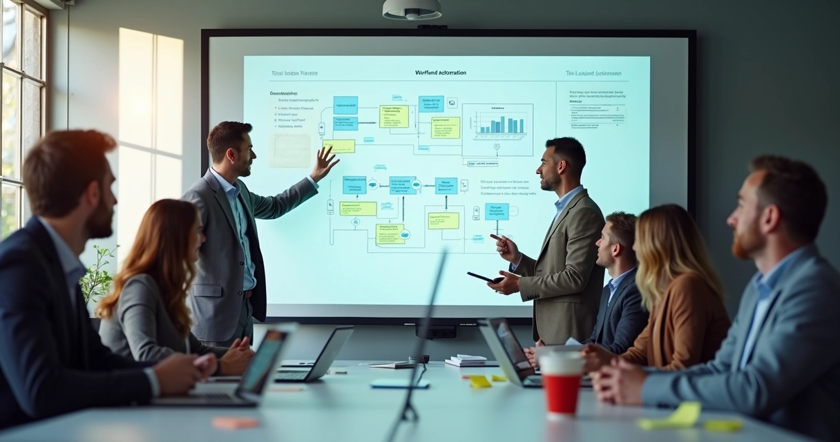 Equipe analisando processos em uma sala de reunião com quadros e gráficos