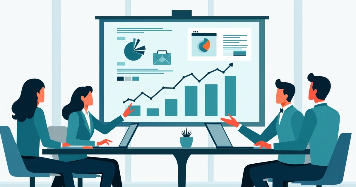 Equipe comercial analisando produtos líderes em tela