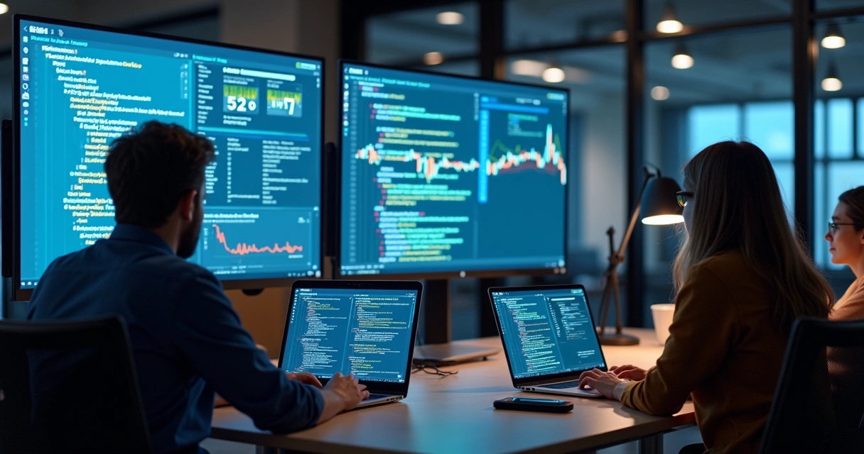 Equipe analisando PRs e métricas em telas
