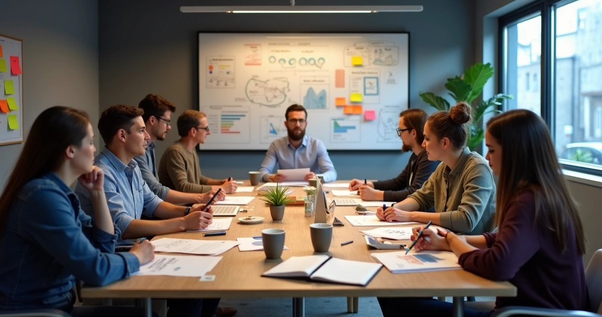 Equipe empresarial reunida analisando planilhas de redução de custos 