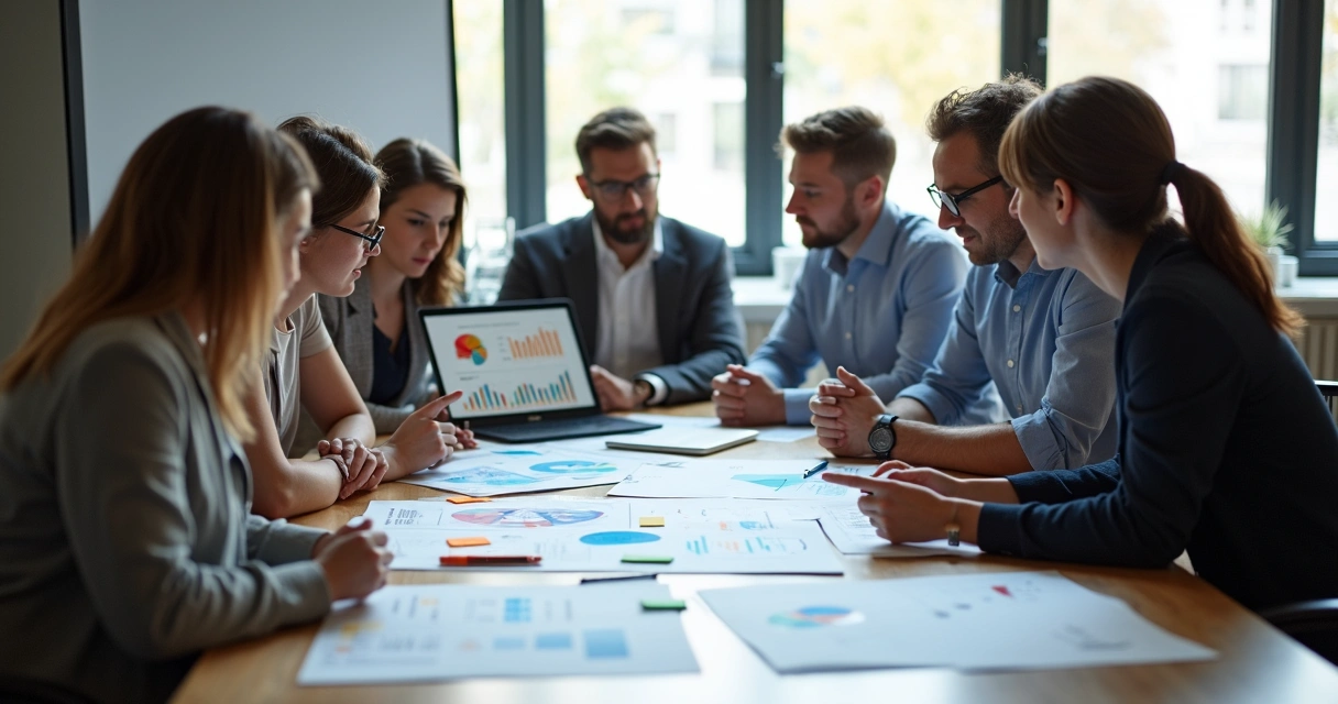 Equipe analisando relatório gráfico com notebooks e papéis 