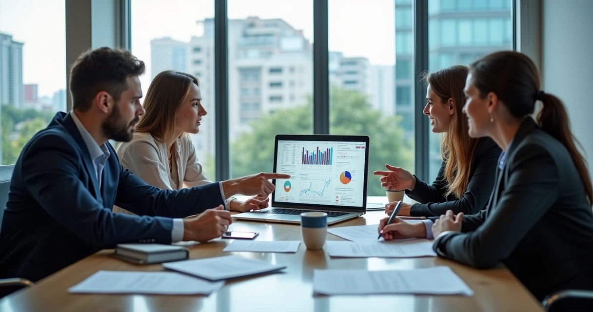 Equipe reunida à mesa analisando relatório digital em notebook 
