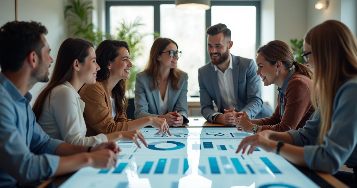 Equipe reunida analisando relatório interativo digital 