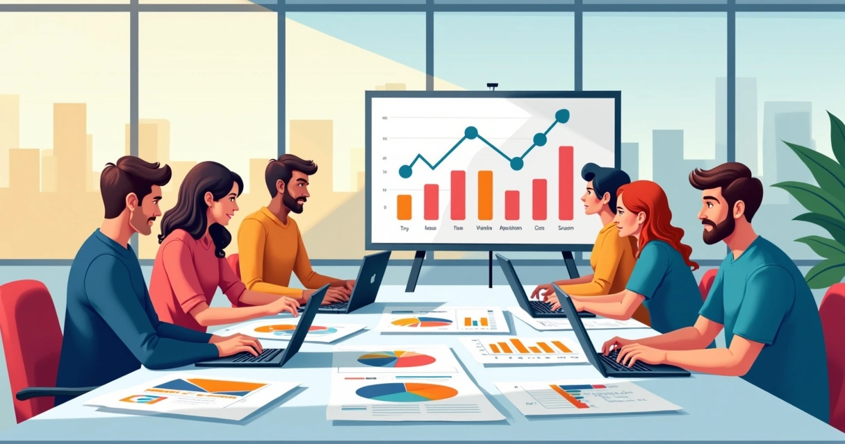 Equipe diversa analisando relatórios de vendas em um escritório iluminado, com gráficos e dados discutidos.
