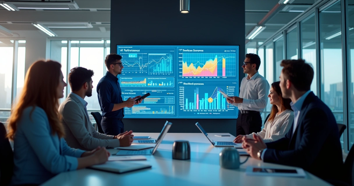 Equipe observando tela grande com gráficos de desempenho IA 