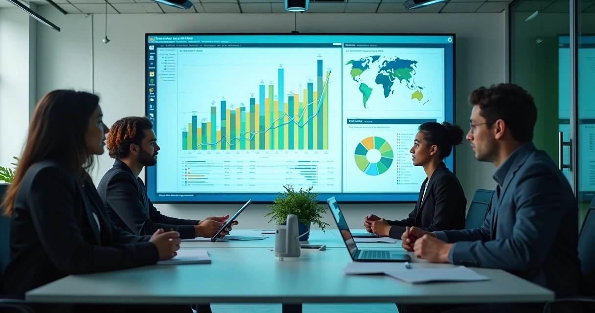 Equipe analisando resultados de IA em dashboard 