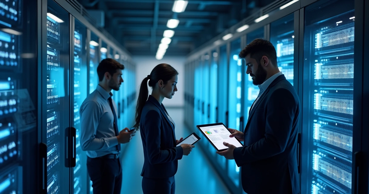Equipe de TI analisando servidores em data center 