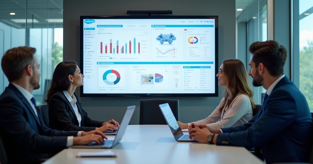 Equipe analisando software Salesforce em uma grande tela 