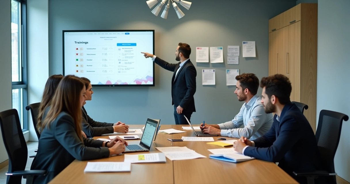 Equipe avaliando cursos corporativos em reunião