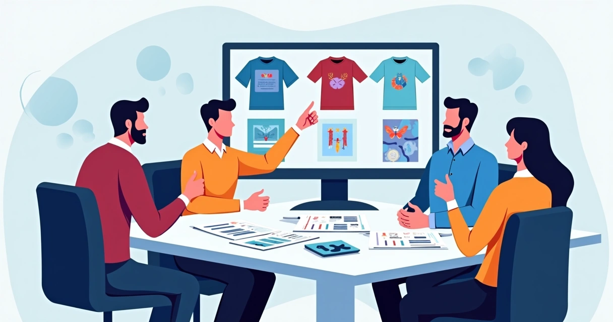 Equipe analisando arte digital durante processo de aprovação de camiseta personalizada