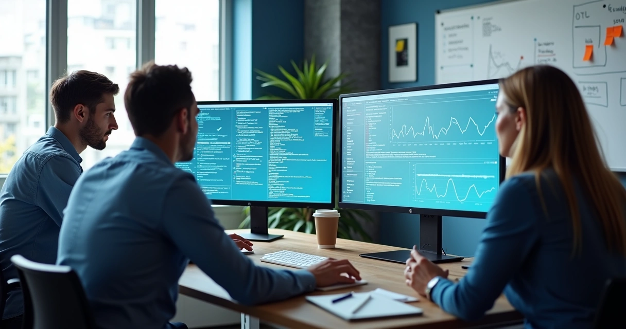 Equipe reunida analisando dados em monitores 