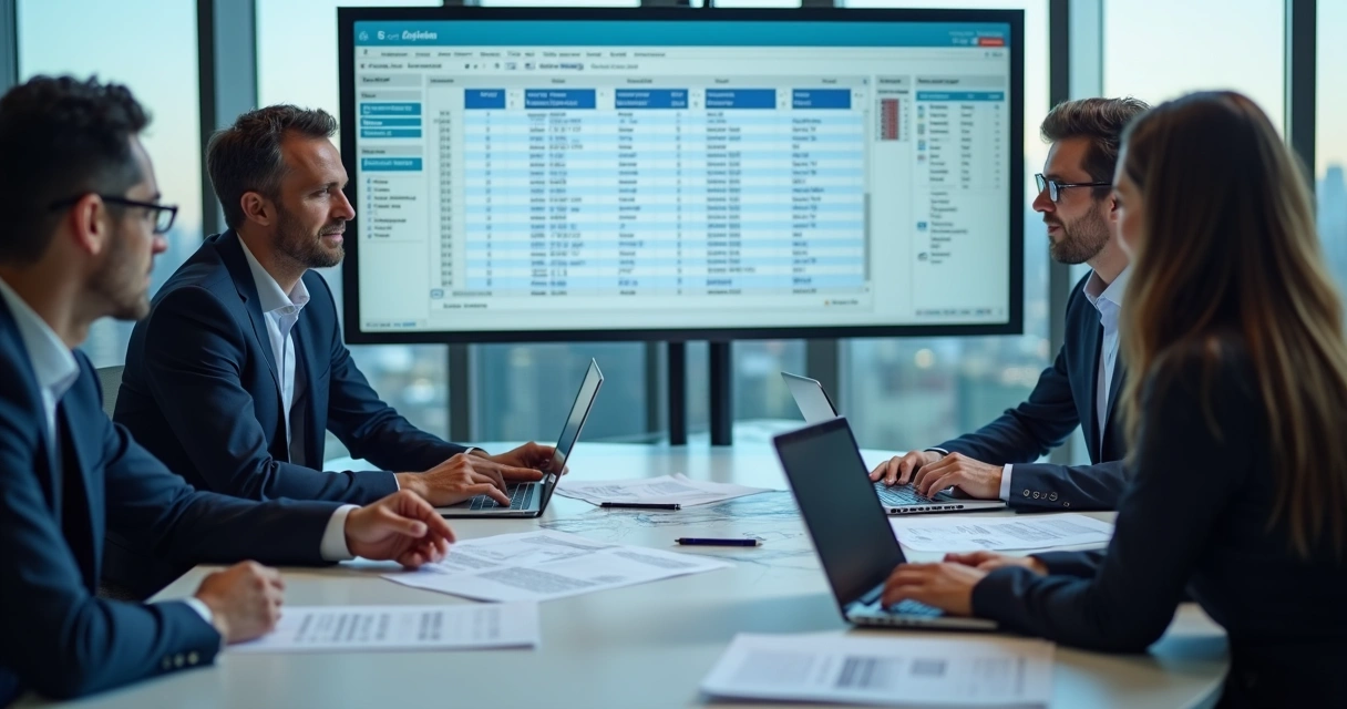 Equipe revisando lista de empresas em notebooks