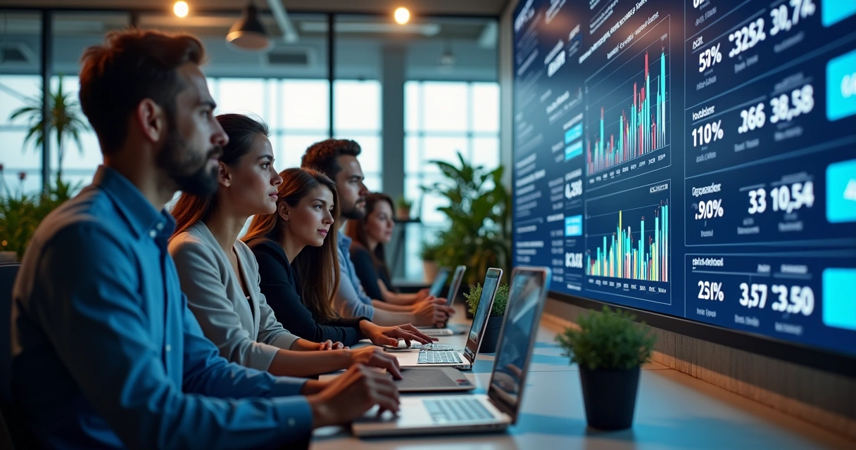 Equipe de marketing analisando painel de dados em escritório moderno 