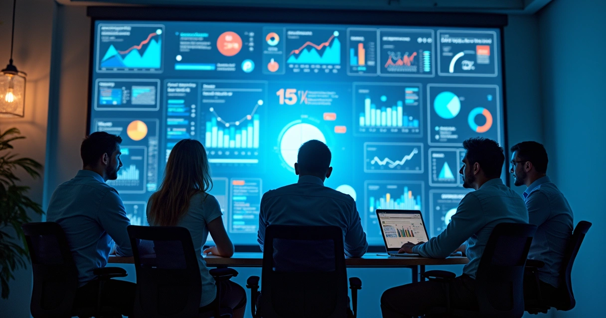 Equipe analisando métricas de campanha online em painel digital 