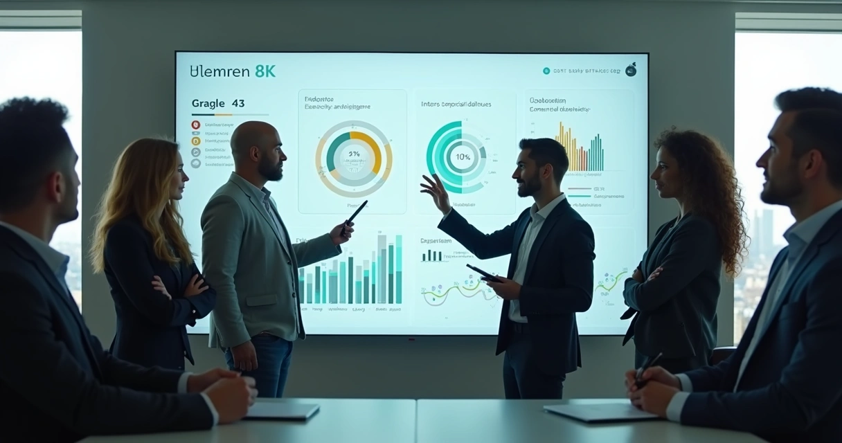 Equipe diversa analisando habilidades intangíveis em painel digital 