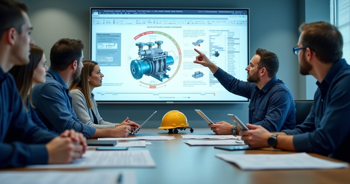 Equipe revisando criticidade de equipamentos em sala industrial 