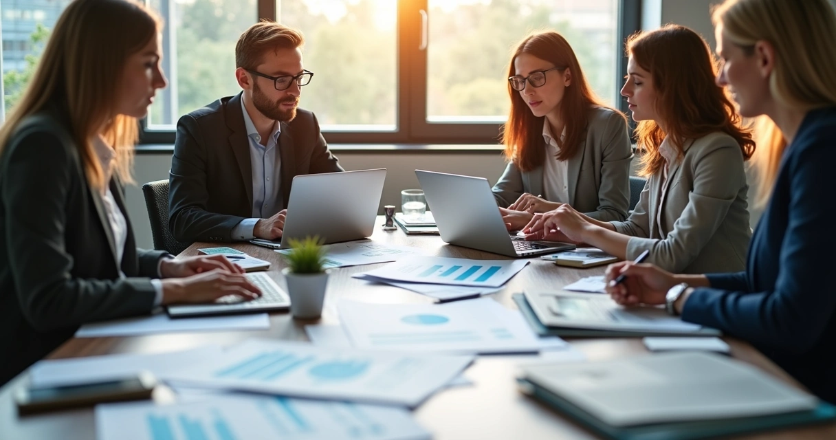 Equipe de pessoas analisando relatórios de gastos em mesa com laptops e planilhas abertas