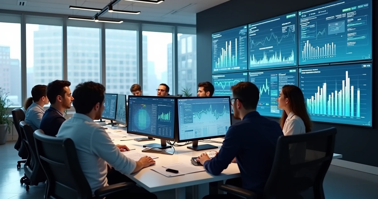 Equipe trabalhando com análise de dados em computadores 