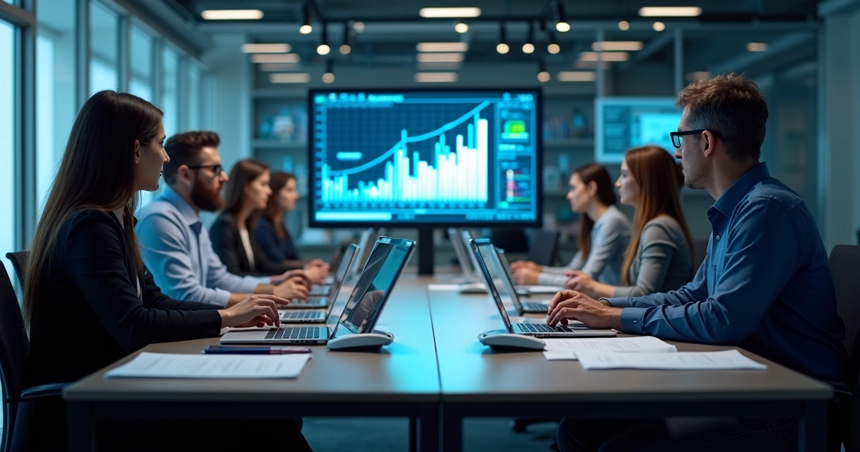 Equipe analisando dados com agente autônomo na tela 