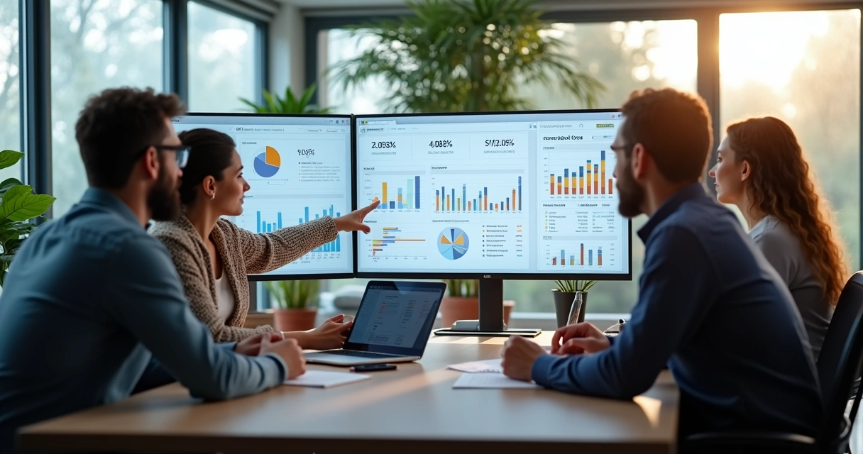 Equipe reunida analisando dados de site em telas grandes 